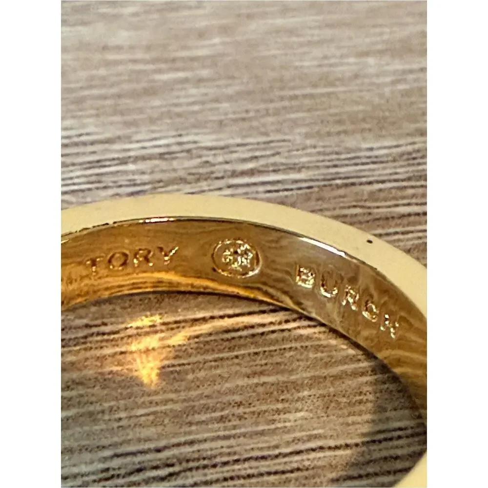 Tory Burch Gold Tone Crystal Miller Logo Ring Size 8 Pavé Rhinestone